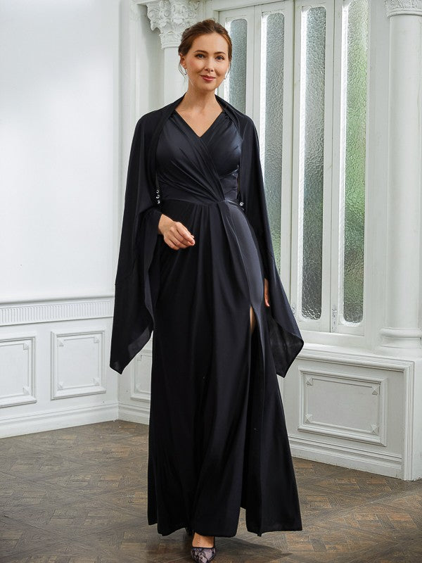 Robe de mère de la mariée longue sans manches à col en V froncé